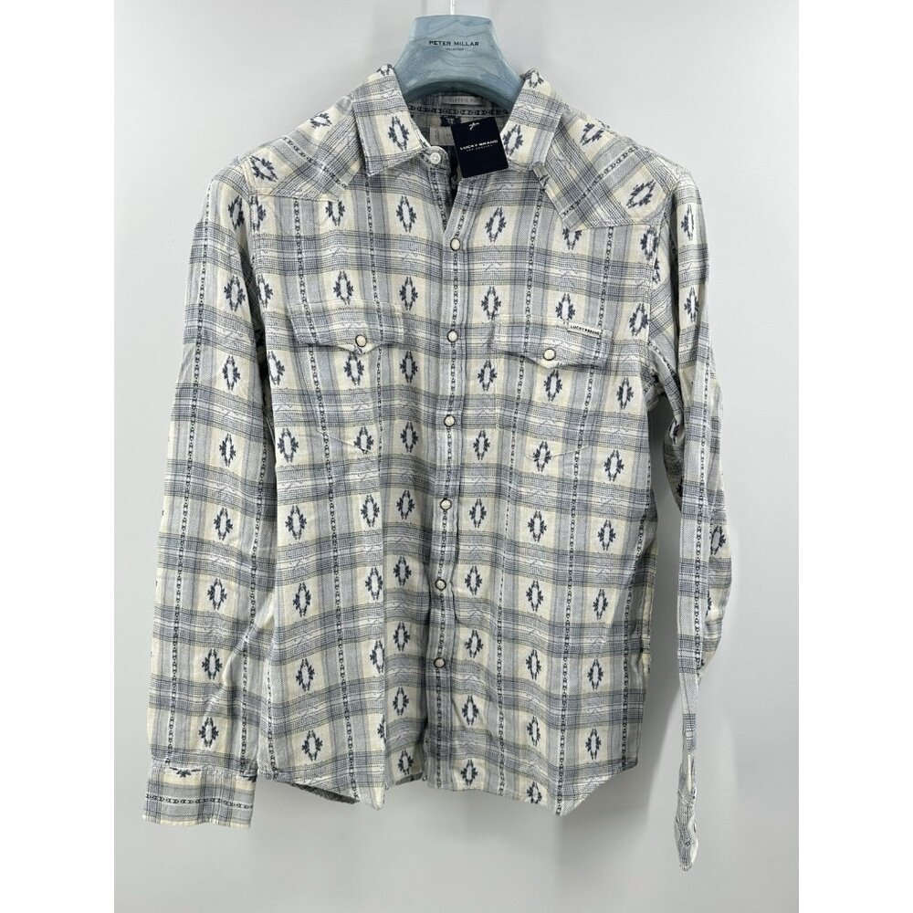 Lucky Brand Los Angeles Blue & Yellow Plaid Western Pearl Button Size S (A2)